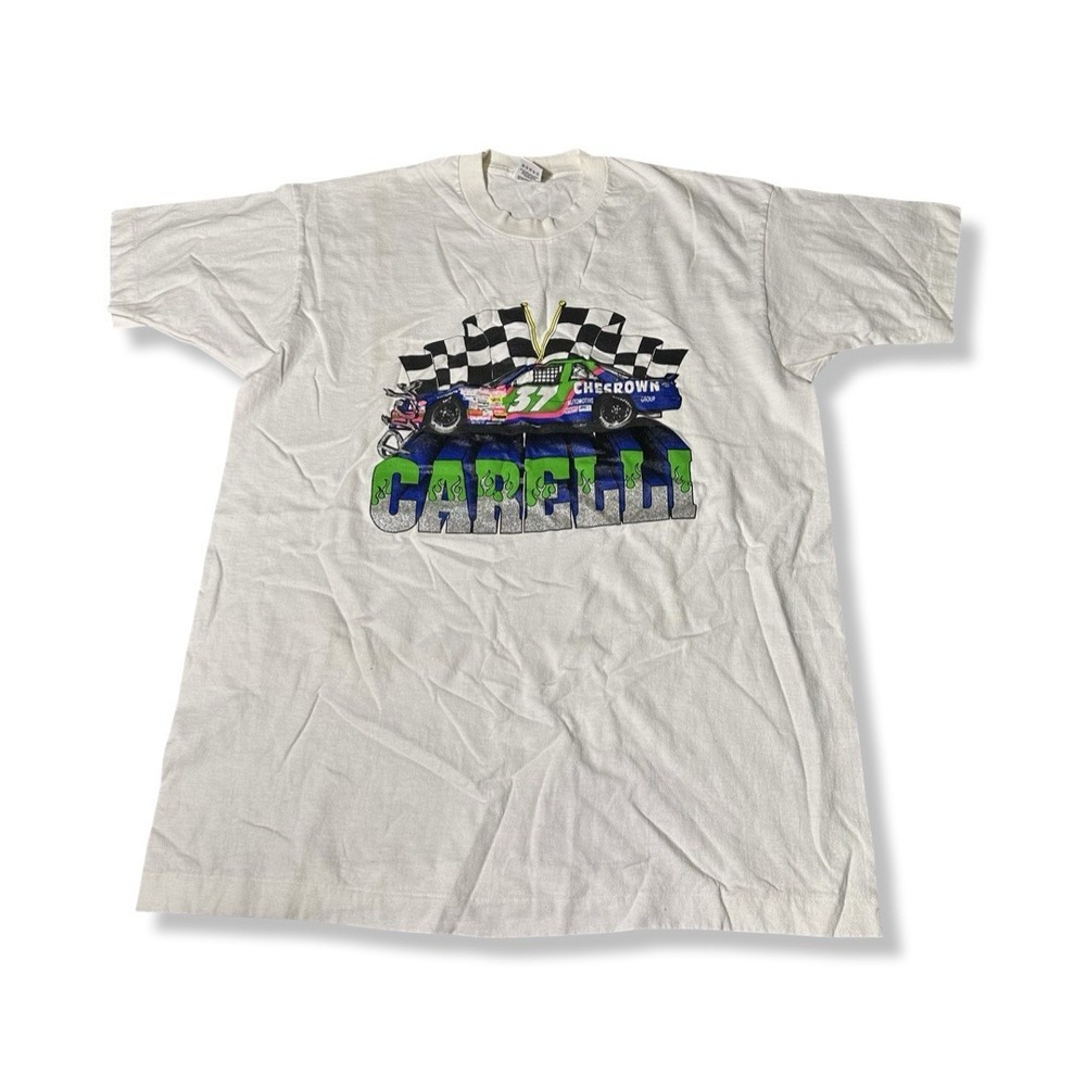 Vintage Carelli NASCAR White Graphic T Shirt Size XL 90s Made In USA